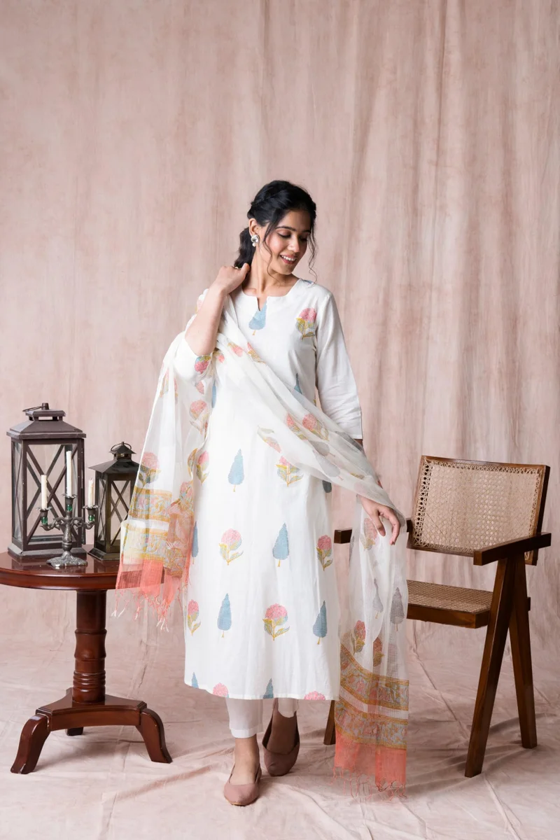 GoSriKi  GoSriKi Women's Cotton Blend Straight Printed Kurta with Pant & Dupatta (Nairiti White-GS_XL_White_X-Large) for Women | Best Price UAE